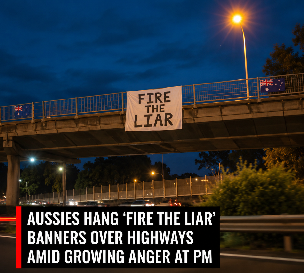 Fire the Liar protest banners displayed on Australian highway overpasses