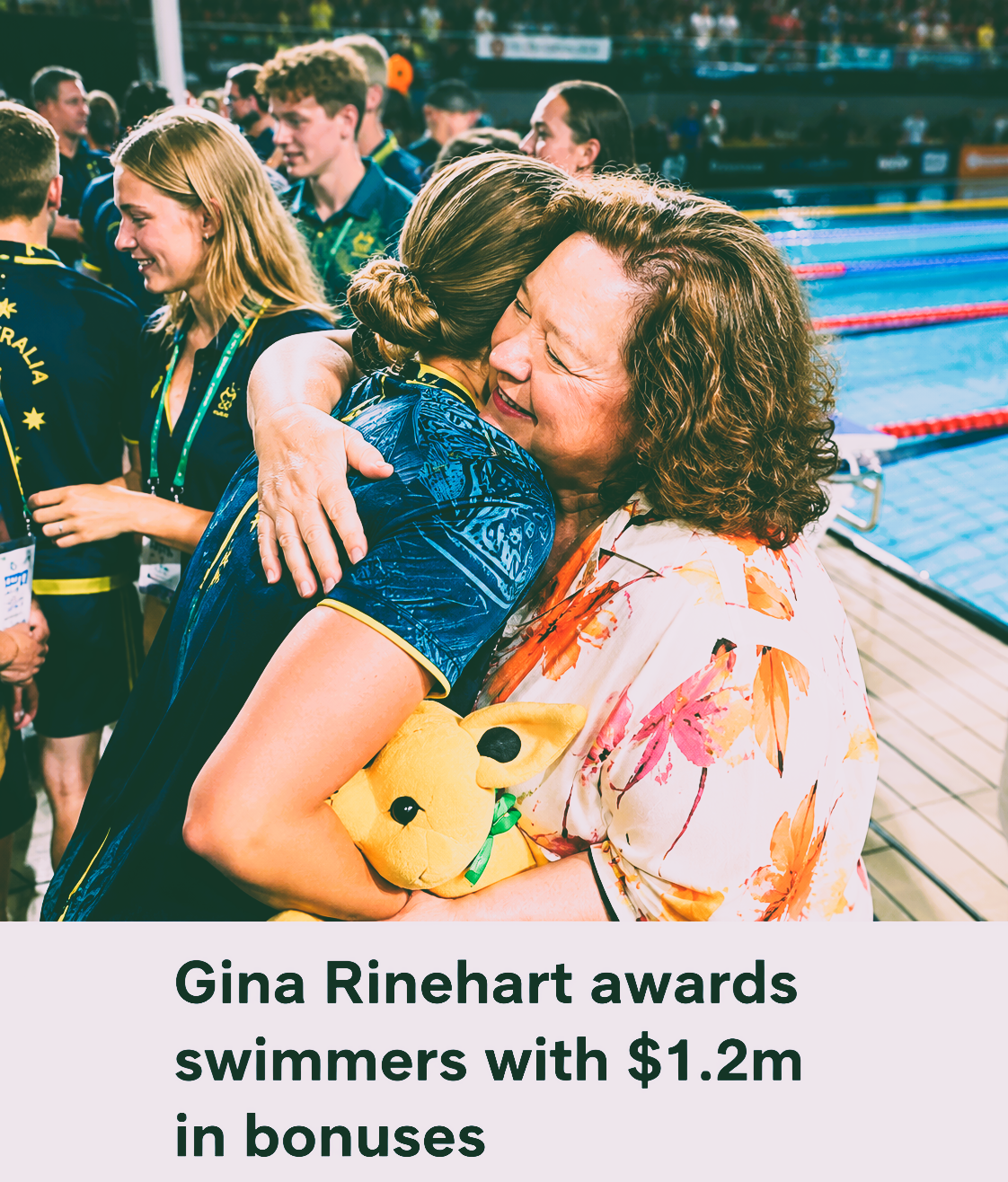 Gina Rinehart announces more than A$1.27 million in bonuses for Australia's Commonwealth Games medal-winning swimmers and para swimmers.