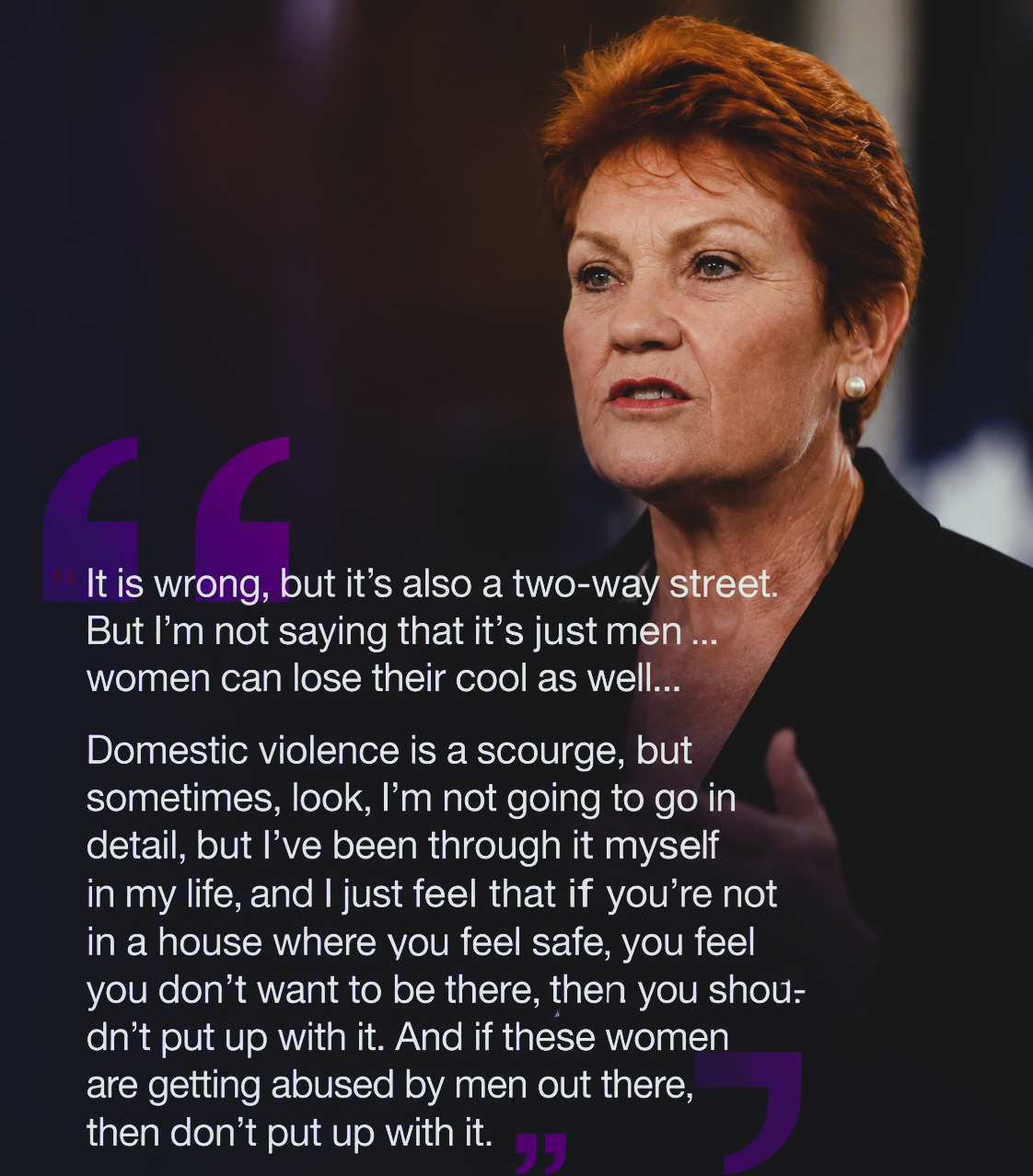 Pauline Hanson speaking during a media appearance amid domestic violence comments controversy