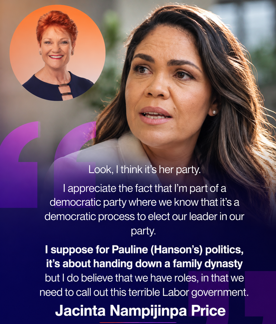 Political discussion involving Pauline Hanson and Jacinta Nampijinpa Price