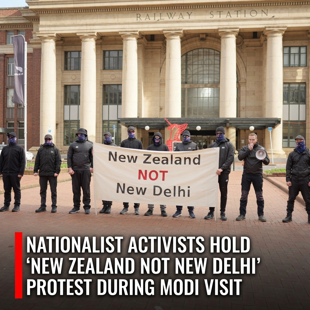 Nationalist activists holding a New Zealand not New Delhi banner during Narendra Modi's visit to New Zealand