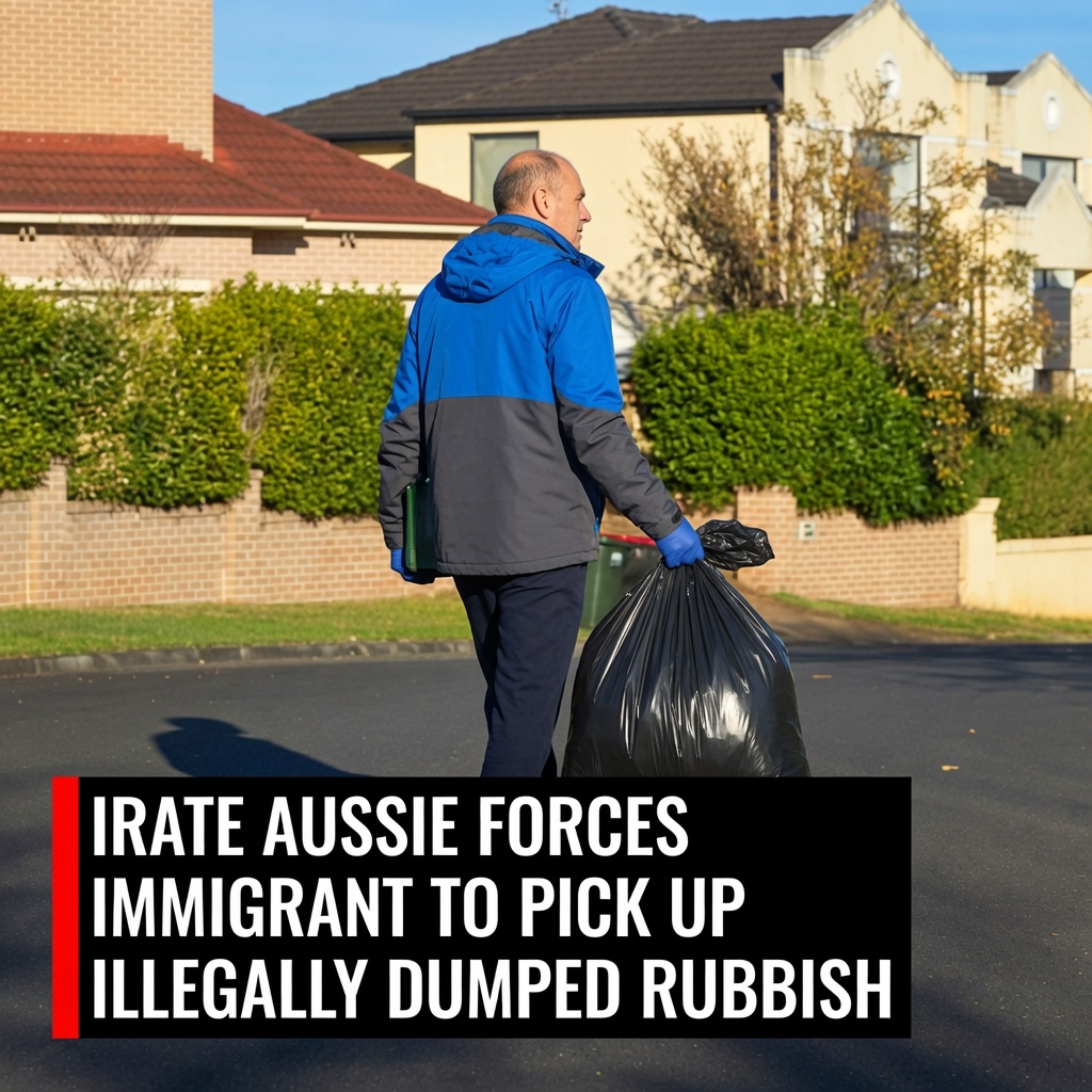 A man collects bags of rubbish after being confronted over alleged illegal dumping in Castle Hill, Sydney