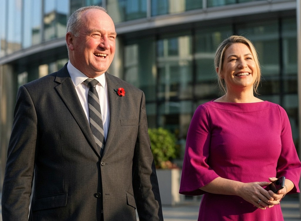 Barnaby Joyce and Vikki Campion at their rural property following the ABC interview controversy
