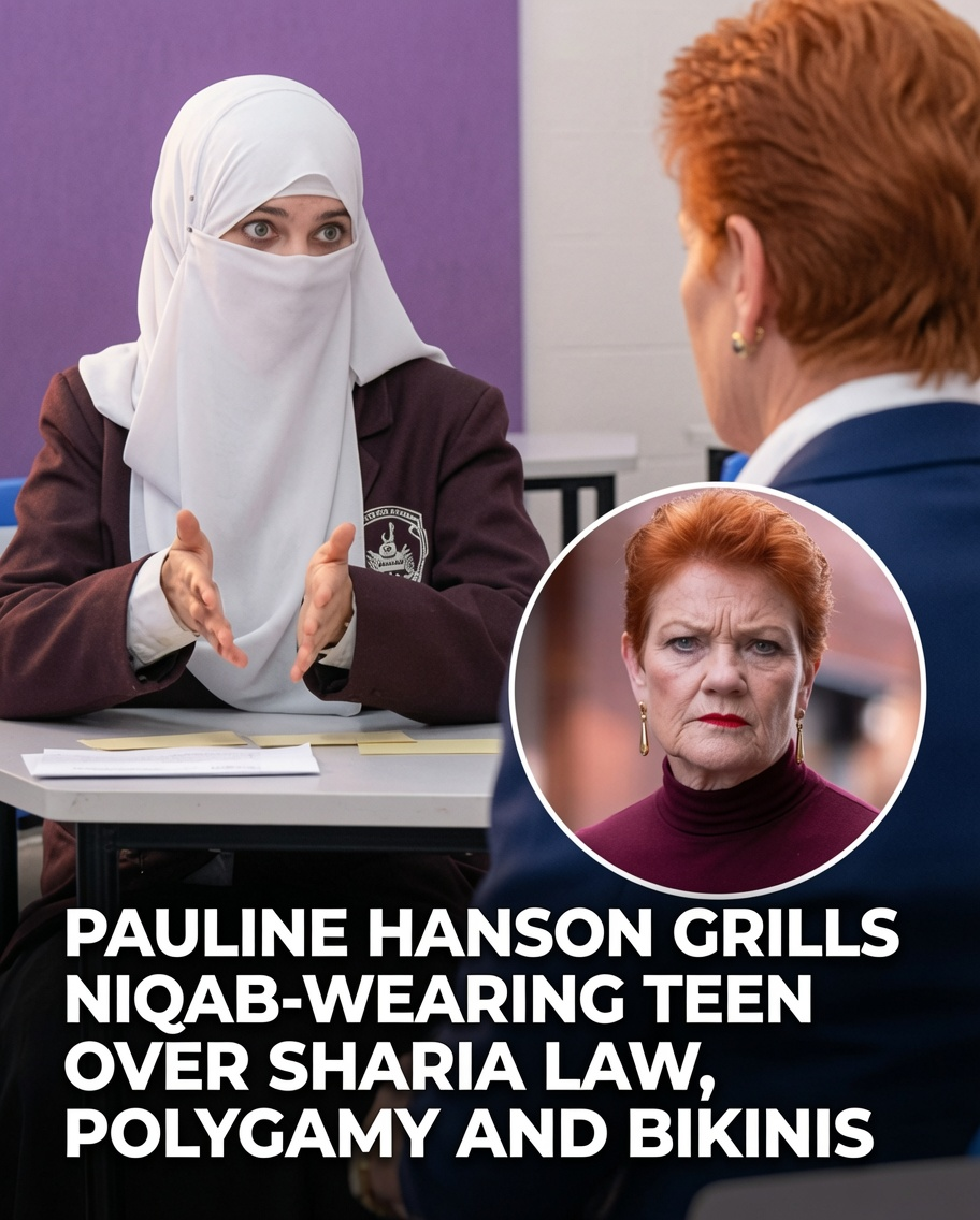 Pauline Hanson speaking with a teenage Muslim student during a visit to the Islamic College of Brisbane