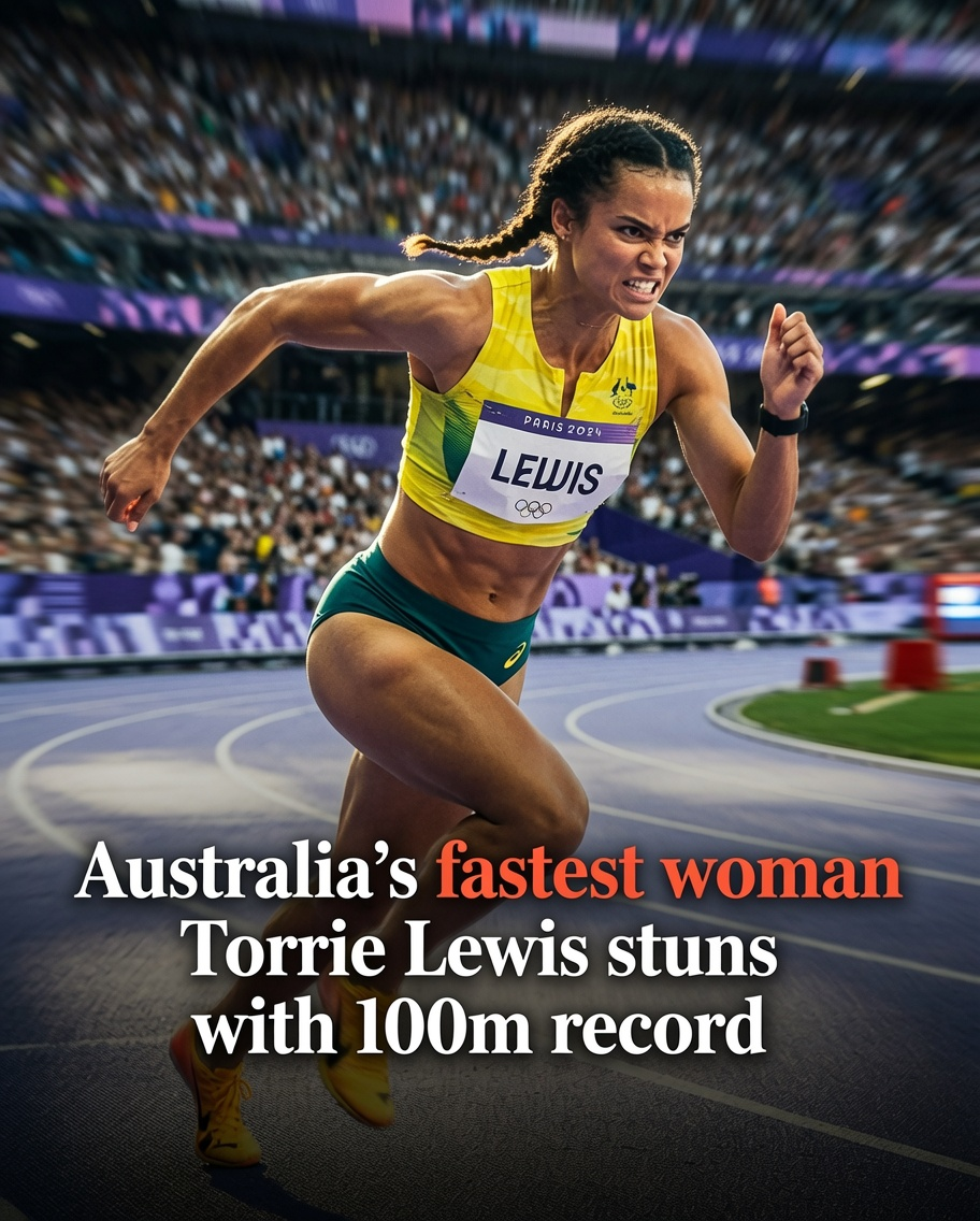 Australian sprint star Torrie Lewis celebrates after setting a new national 100m record ahead of the Commonwealth Games