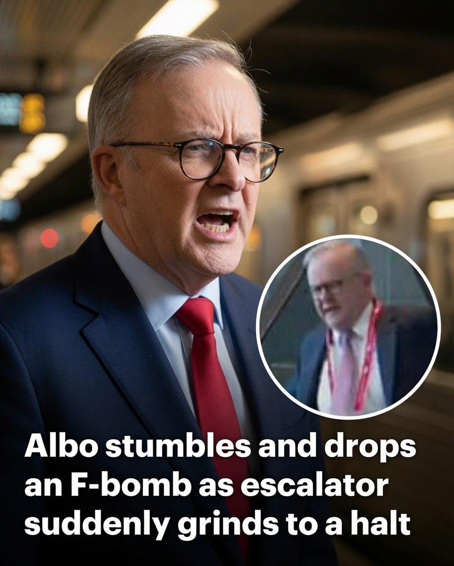 Prime Minister Anthony Albanese recovers after an escalator suddenly stopped at the Labor National Conference in Adelaide