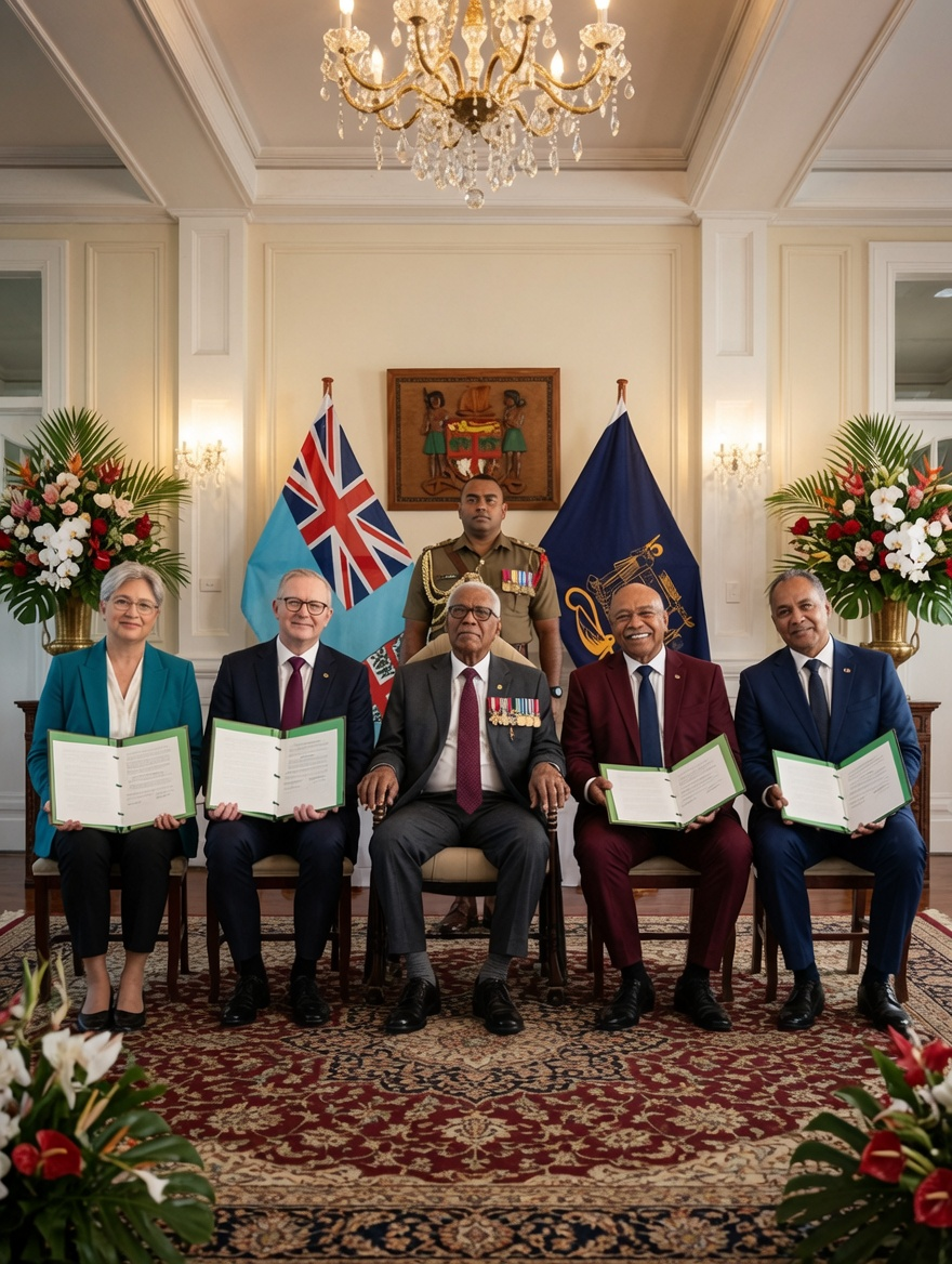 Australian and Fijian leaders sign the Vuvale Union and Ocean of Peace Alliance in Suva