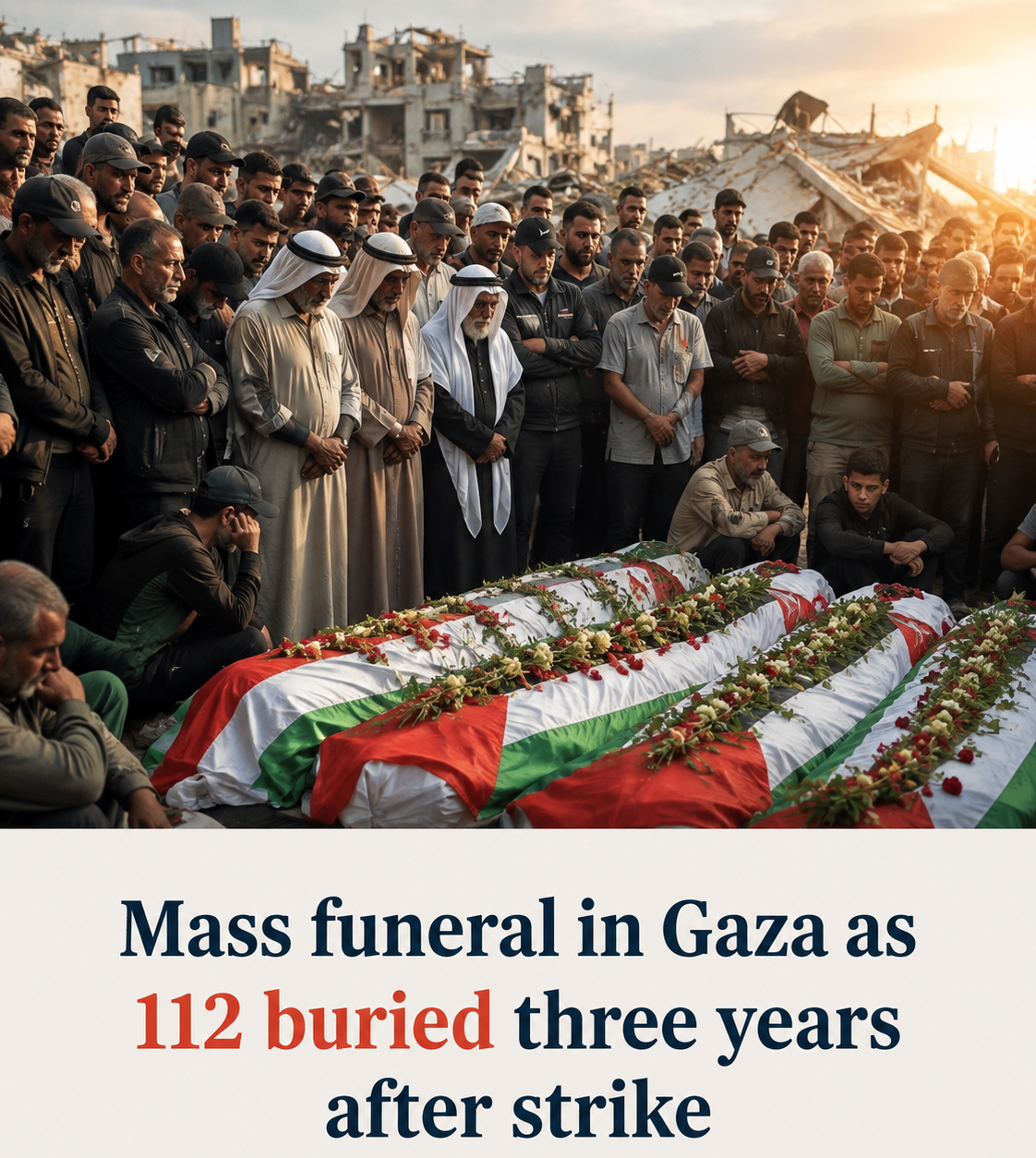 Mass funeral in Gaza City for 112 Palestinians whose remains were recovered from rubble