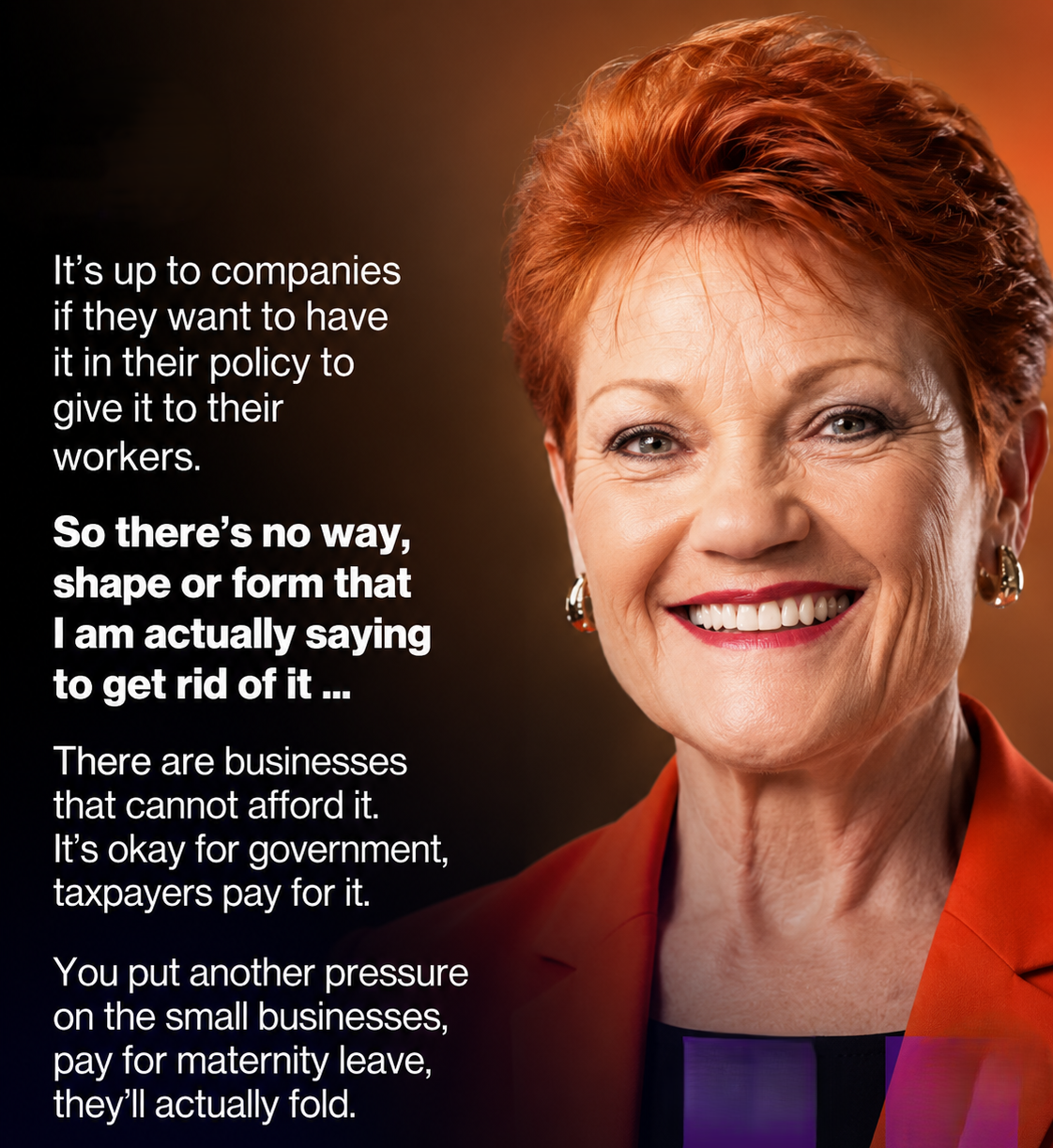 Pauline Hanson clarifying her position on Australia's paid parental leave scheme