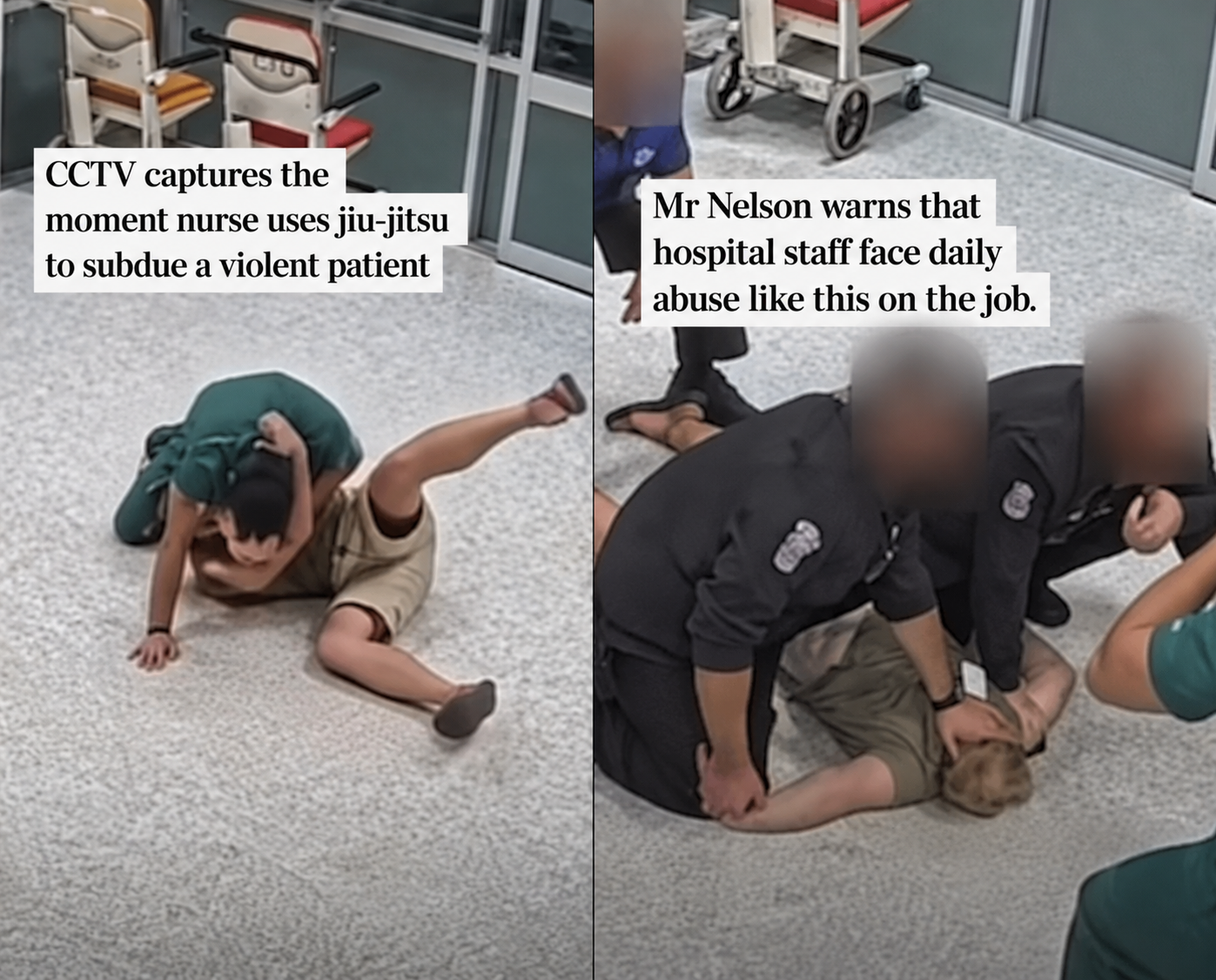 Brisbane nurse Daniel Nelson restrains a violent patient at Royal Brisbane and Women's Hospital emergency department