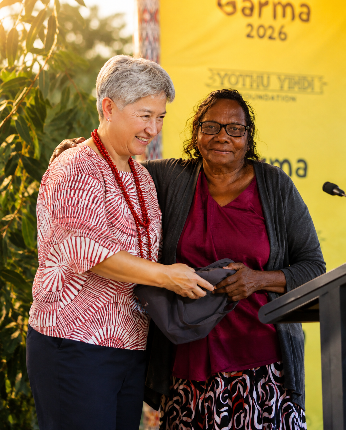 Prime Minister Anthony Albanese with Yolŋu elder Djapirri Mununggirritj during the Garma Festival