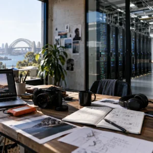 Creative workspace beside data centre servers representing the debate over AI training and copyright.