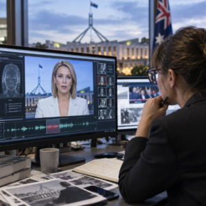 Newsroom analyst reviewing signs of AI-manipulated political video content in Canberra.