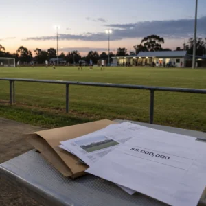 Community soccer ground in Adelaide with funding documents representing scrutiny of a $5 million federal grant.