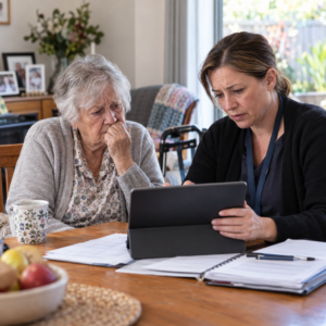 Older Australian woman discussing home support needs with an aged-care assessor.