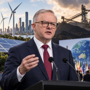 Editorial illustration of Anthony Albanese and Australia's climate policy debate