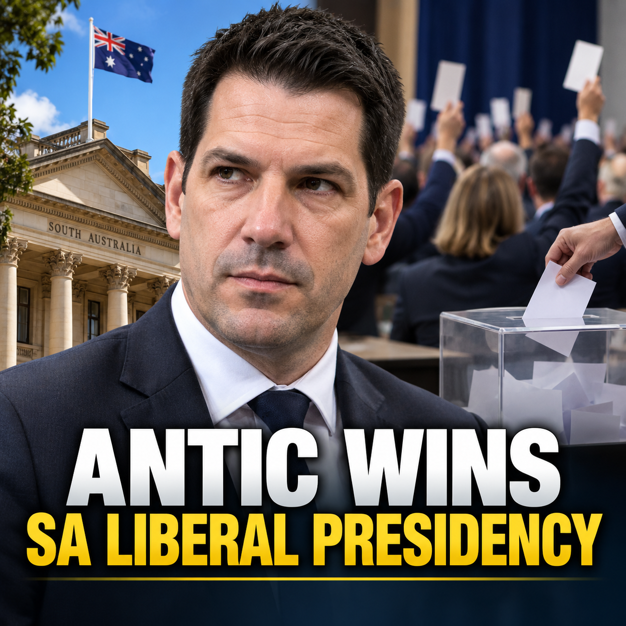 Editorial image illustrating Alex Antic's election as South Australian Liberal Party president