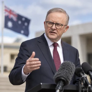 Prime Minister Anthony Albanese speaking to reporters at a press conference