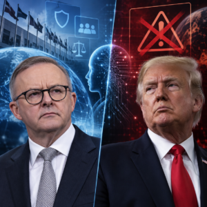 Editorial illustration of Australia and global AI guardrails policy debate