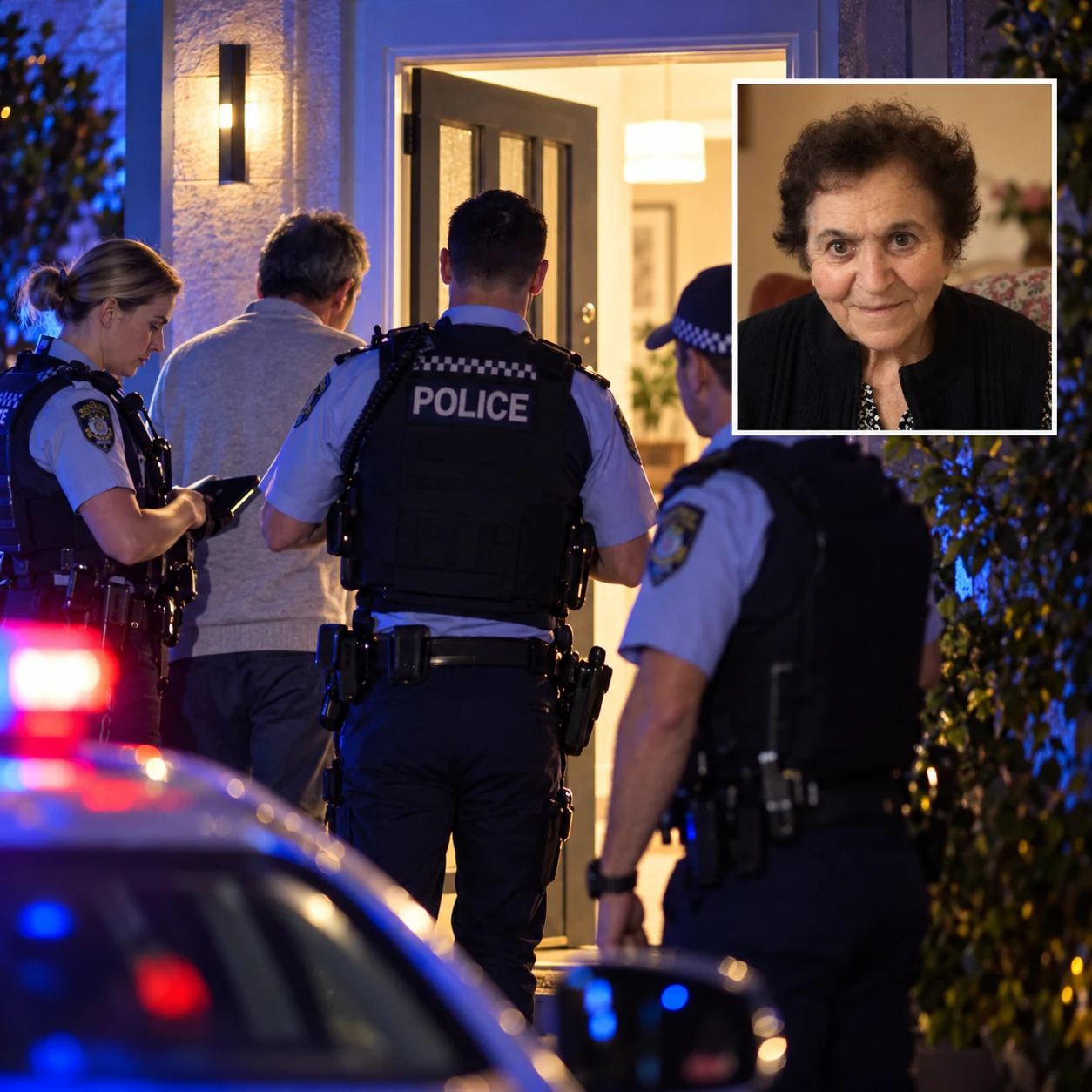 Police at a Bondi home with an inset portrait of Valentina Spivak.