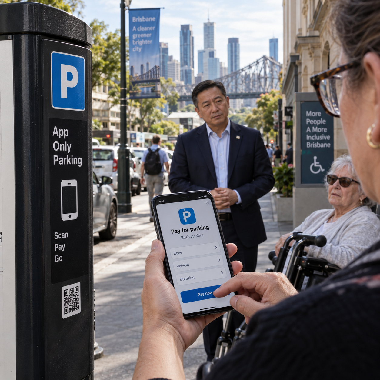 Editorial illustration of Brisbane app-only parking and accessibility concerns