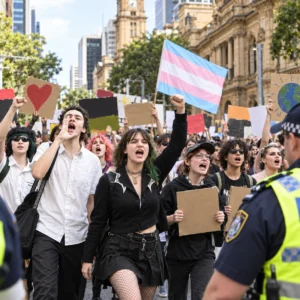 Student protesters marching through Brisbane CBD
