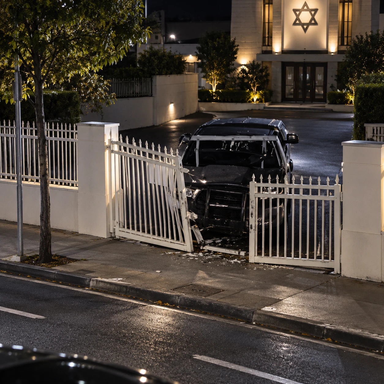 Vehicle at the gates of a synagogue at night