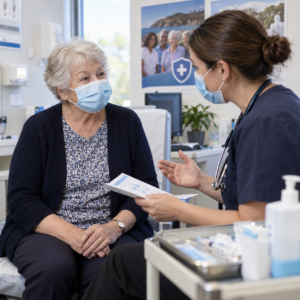 Older Australian patient discussing COVID-19 vaccination with a healthcare professional.
