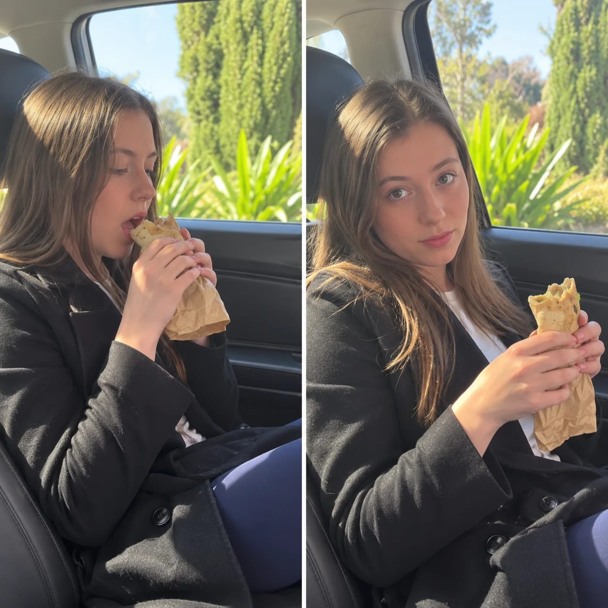 Charlotte Walker seated in a car holding and eating a sausage roll.
