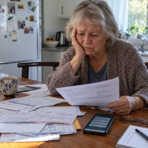 Older Australian woman at a kitchen table reviewing debt collection and insurance documents.