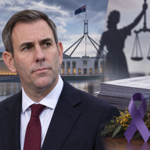 Editorial illustration of the national debate over a domestic violence royal commission