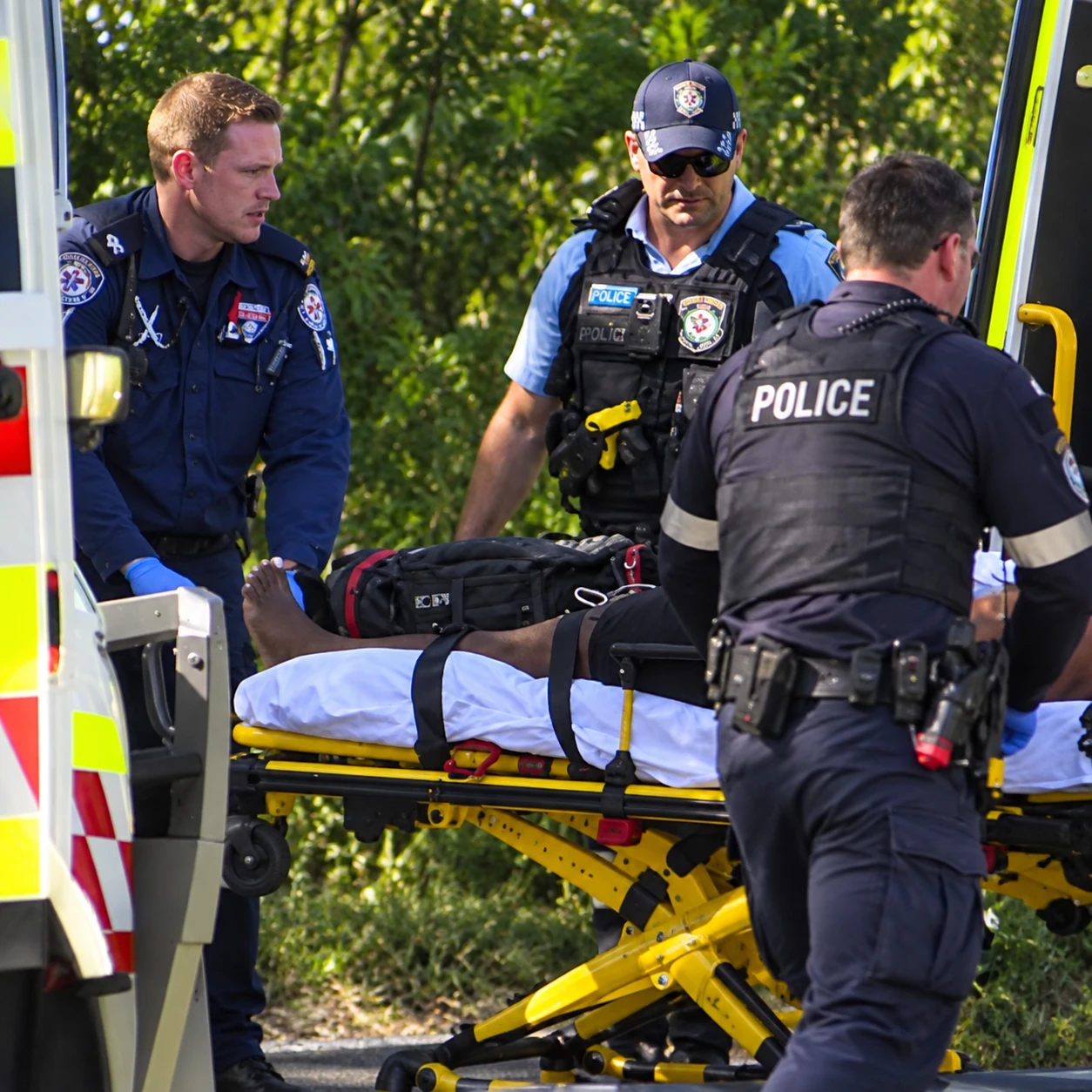 Emergency responders near an ambulance