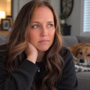 Woman seated at home with a dog in the background