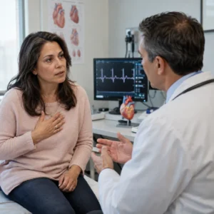 Woman speaking with a doctor in a cardiology consultation room.