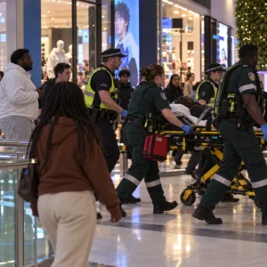 Paramedics and police treating an injured man inside a Joondalup shopping centre.