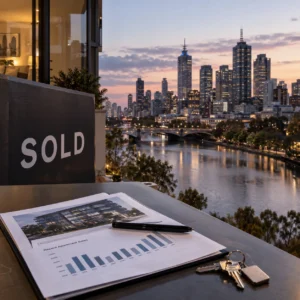 Melbourne apartment skyline and a sold property sign representing resale losses in the unit market.