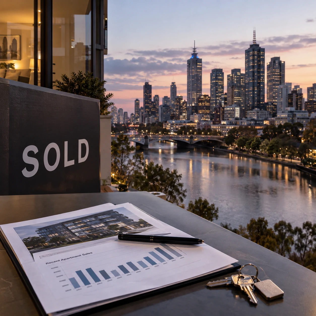Melbourne apartment skyline and a sold property sign representing resale losses in the unit market.