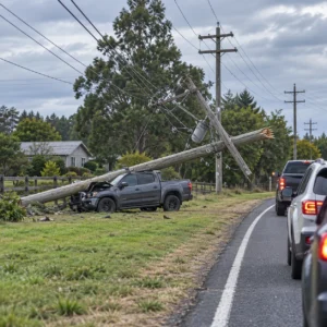 A ute beside a damaged power pole and fallen electricity lines near Mildura.