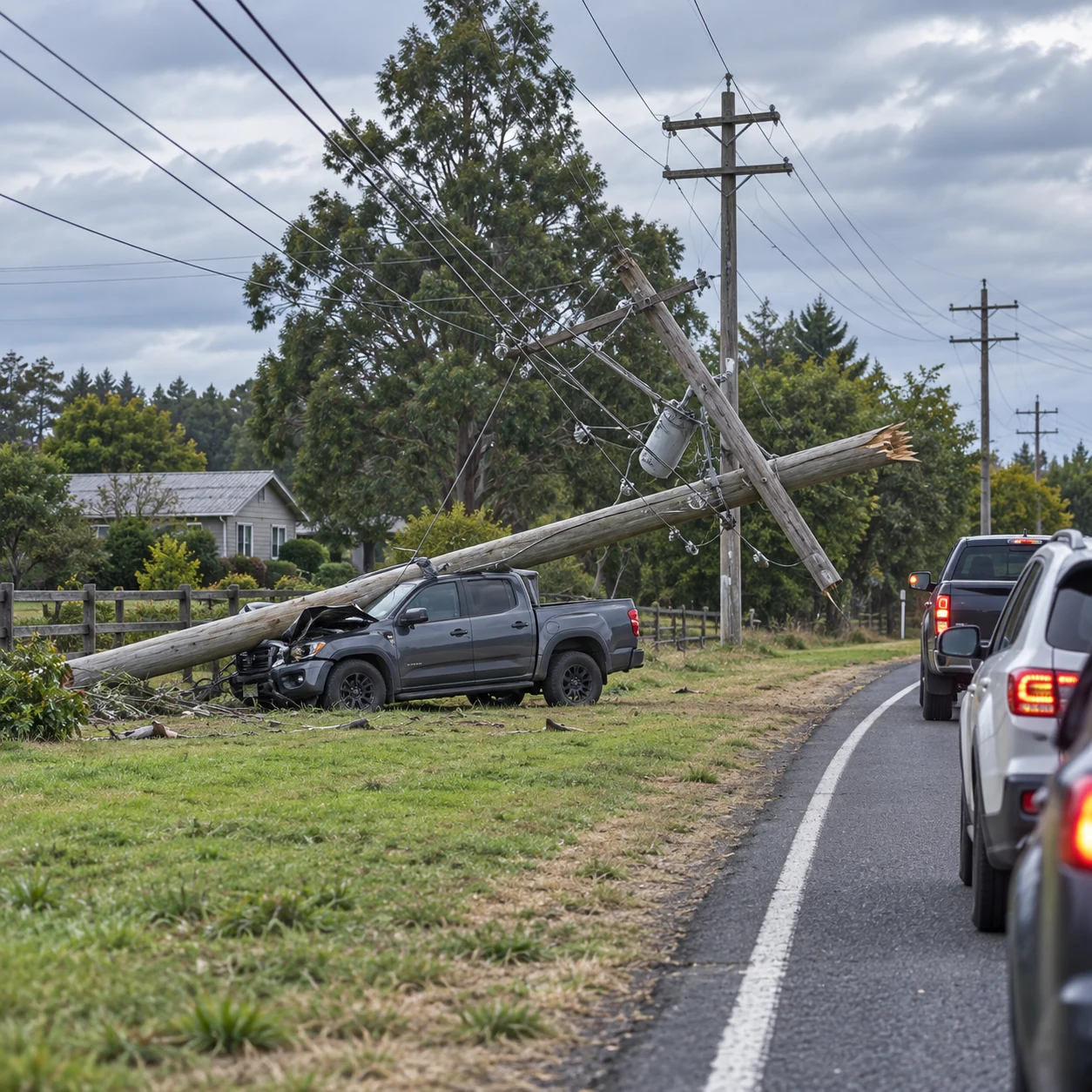 A ute beside a damaged power pole and fallen electricity lines near Mildura.