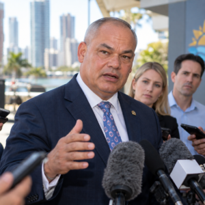 Gold Coast mayor speaking to reporters during a press conference.