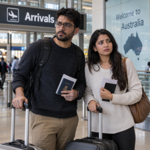 Adult international student couple arriving in Australia with passports and luggage.