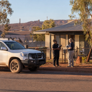 Adult field workers speaking outside a home in South Hedland, Western Australia.