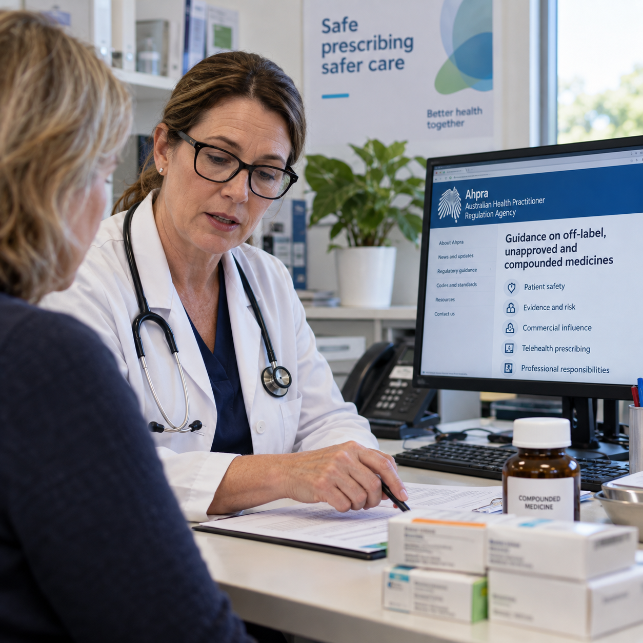 Australian doctor discussing prescribing guidance with an adult patient in a clinic.