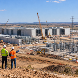 Large proposed data-centre construction site with power infrastructure near Dalby, Queensland.