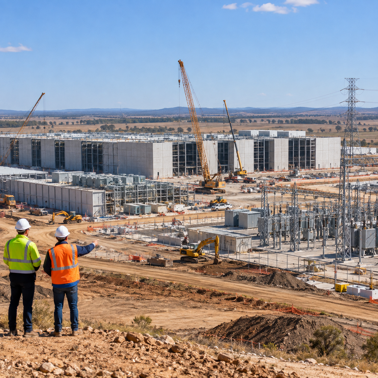 Large proposed data-centre construction site with power infrastructure near Dalby, Queensland.