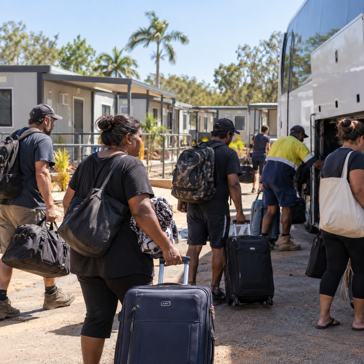 Adults with luggage boarding a coach at temporary accommodation ahead of relocation.