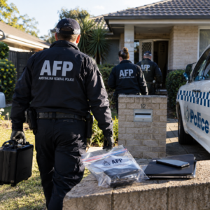 AI-generated illustrative image representing an AFP-led investigation at a suburban property.
