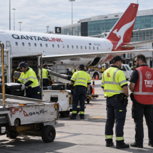 AI-generated illustrative image of QantasLink ground operations at an Australian airport.