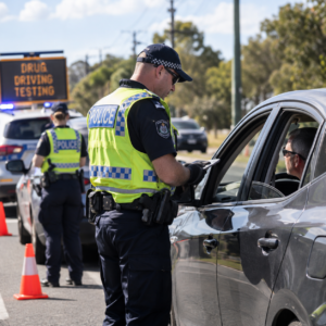 AI-generated illustrative image of a Queensland roadside traffic enforcement operation.