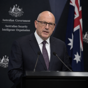 AI-generated illustrative image of an ASIO-style government press briefing.